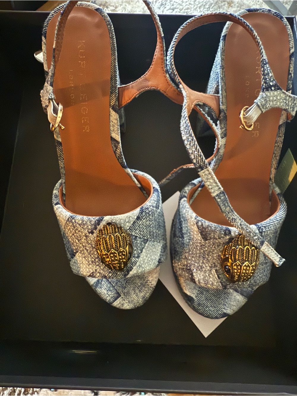 Kurt Geiger Blue Denim Platform Wedge Sandals with Gold Emblem - Picture 2 of 4